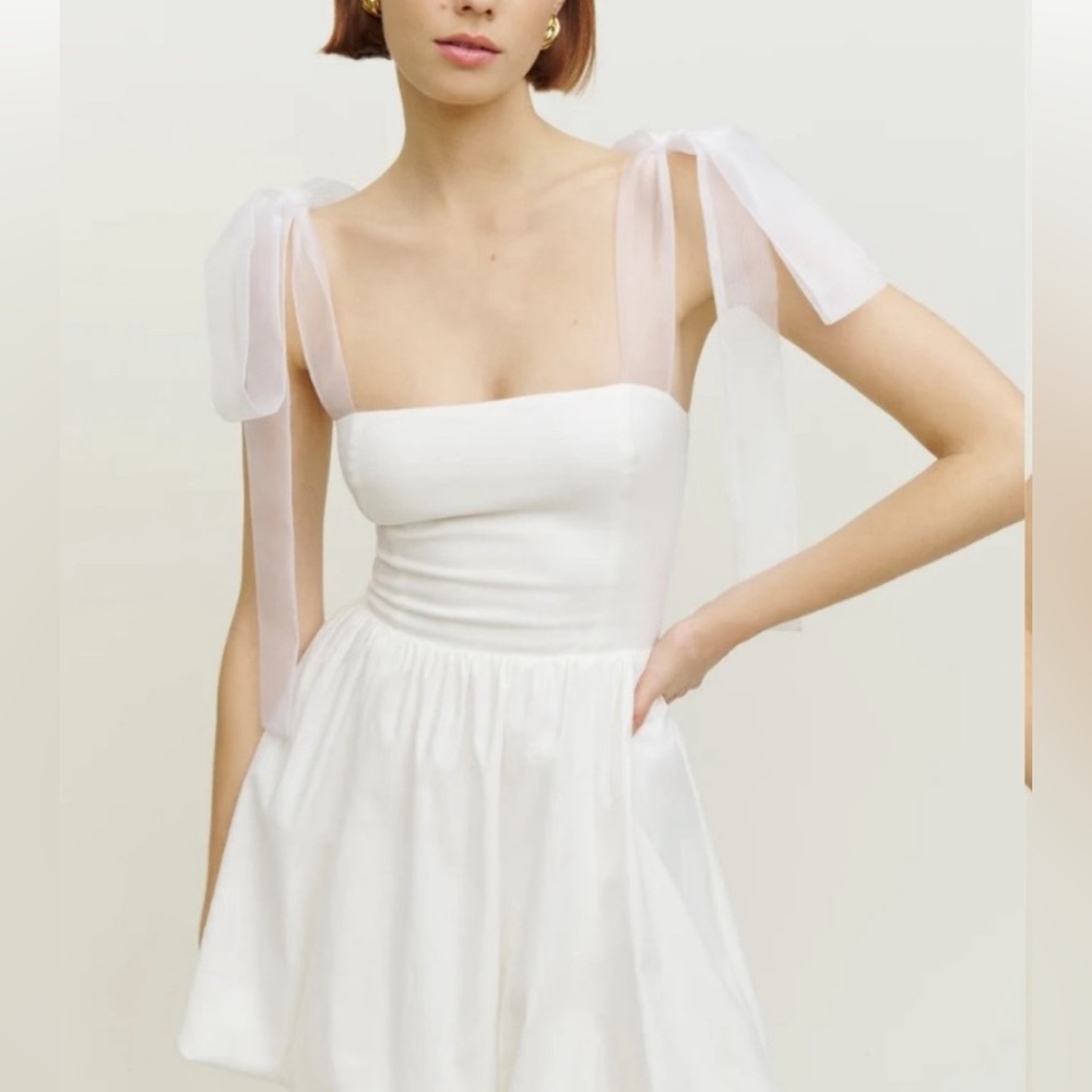 Reformation Enza White Cotton Mini Dress Bubble Hem Tie Shoulder Size 0